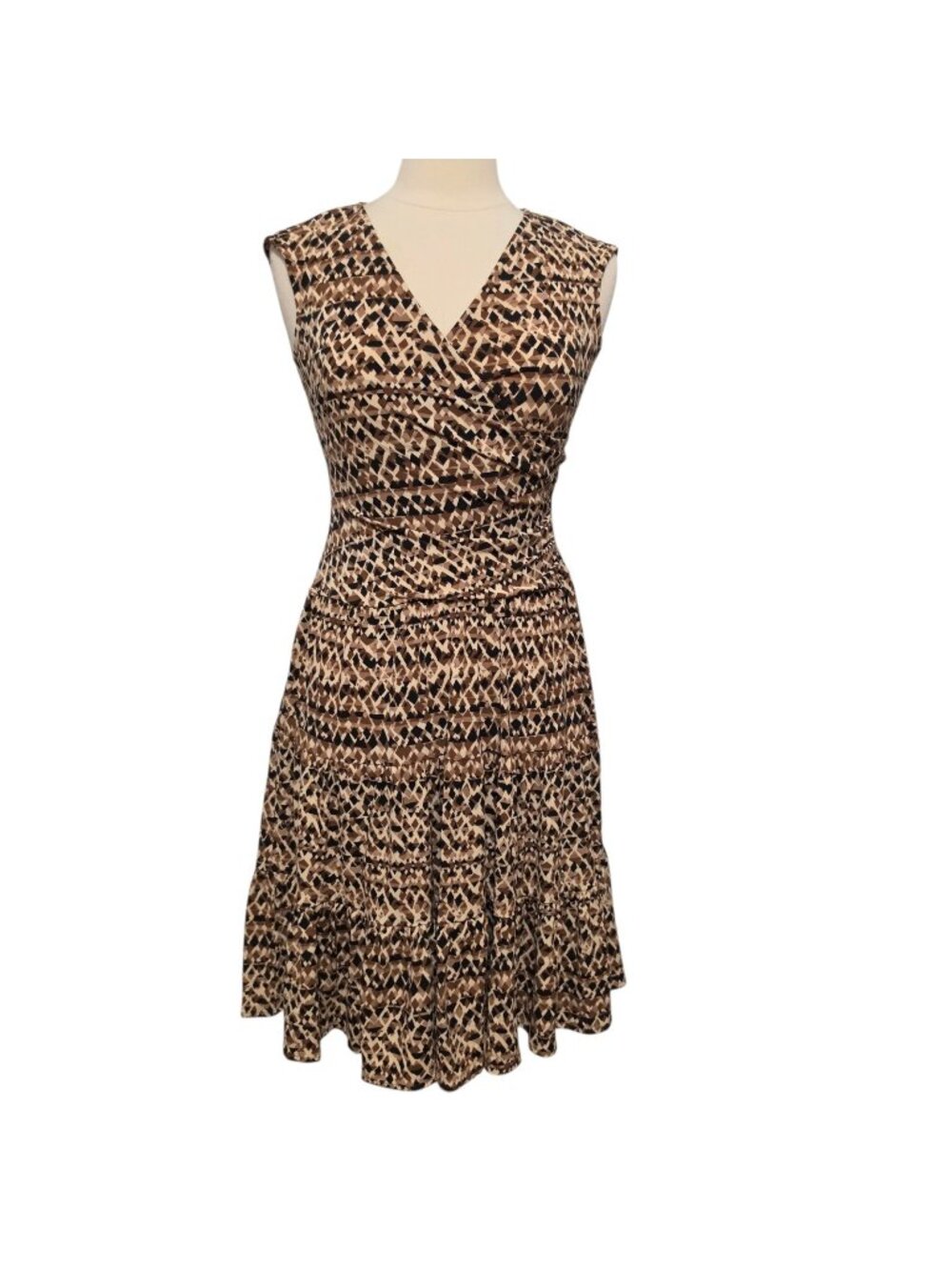 Talbots Petite Faux Wrap Midi Dress 2P Brown Geometric Ruched Fit Flare Office